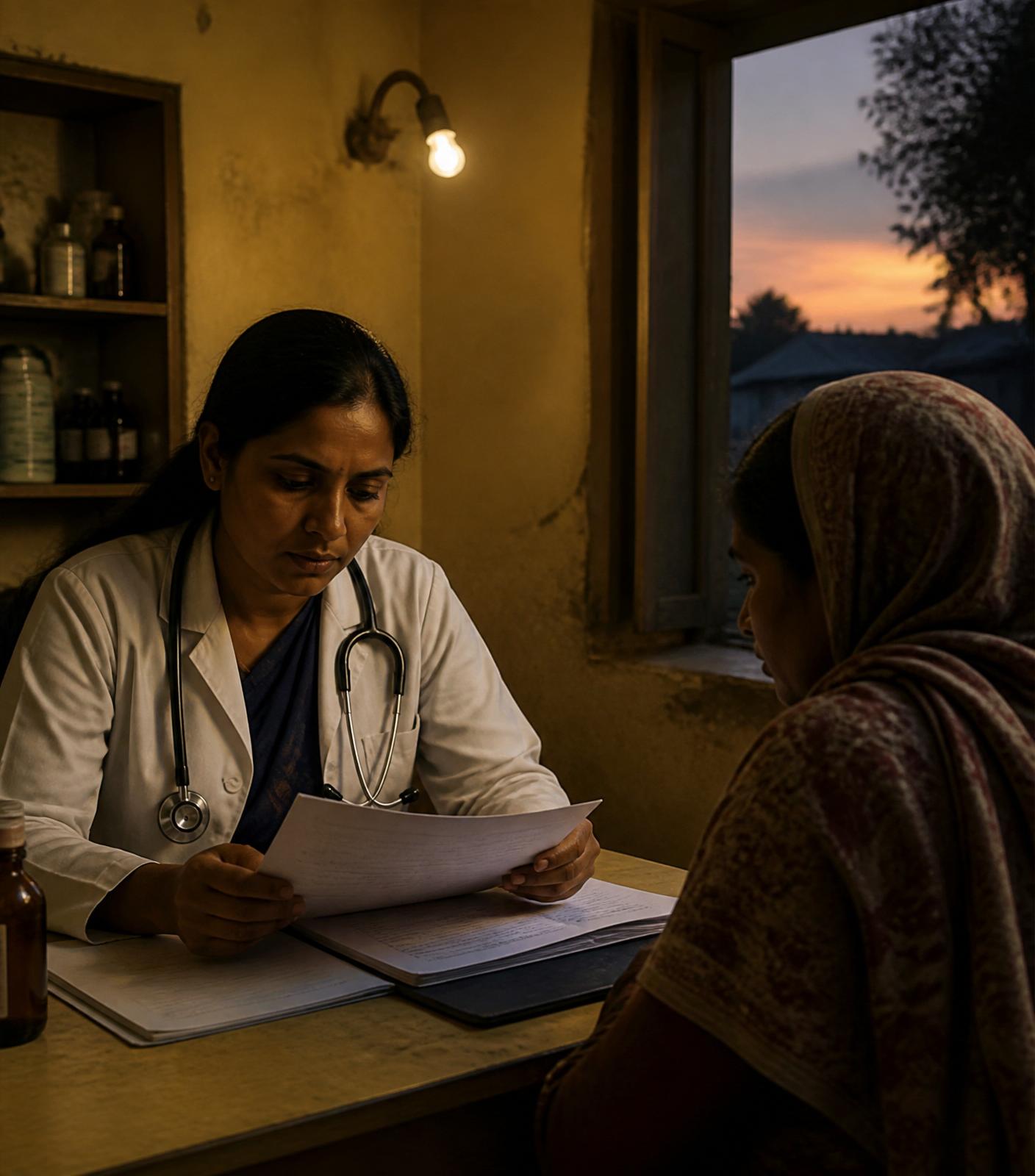 A rural clinician reviews a patient chart at dusk